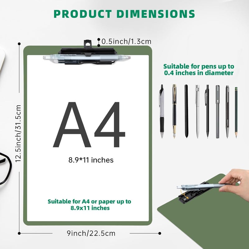 FRETONBA Clipboard with Pen Holder, 6 Pack Plastic Clipboard with Low Profile Metal Clip, Hanging Clip Boards Holds 8.5x11 Inch Papers, Standard A4 Letter Size Clip Boards for Offices & School, Green - Image 2